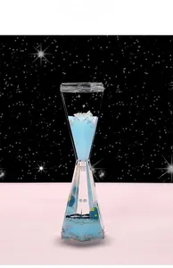 Detailed view of blue liquid hourglass timer featuring airplane and earth miniatures inside