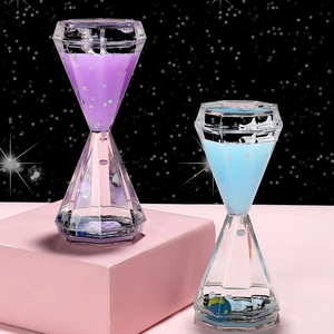 Diamond-shaped liquid timer hourglass set in purple and blue with decorative micro glitters