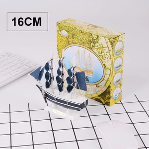 Classic blue and white wooden 16cm sailboat model with decorative nautical map packaging box