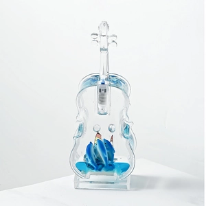 Blue liquid violin decor with dolphins and sailboats inside, Mediterranean style ornament