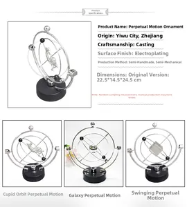 Detail of kinetic celestial orbit desk toy with silver plating and dimensions info
