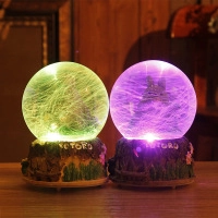 Nahaufnahme der Totoro Kristallkugeln als Nachtlichter mit grünem und violettem Leuchten