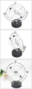 Detailed side and front view of kinetic orbital desk toy with silver rotating rings