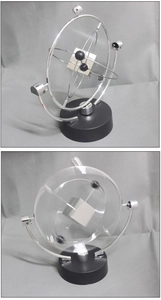 Detailed macro view of the silver orbits and motion mechanism on the desk ornament