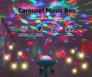 Detail showing the star projector dome and rotating carousel with vibrant colorful light effects