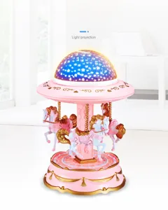 Dettaglio del carillon carosello con cupola di proiezione stellata rosa e motivi dorati