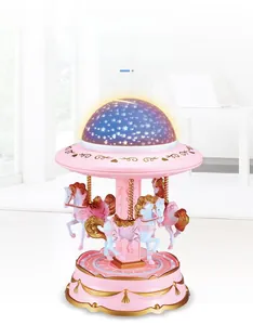 Macro detail of the carousel music box featuring pink star projection dome and golden motifs