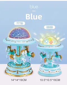 Comparison of two blue carousel music box star projectors with detailed dimensions