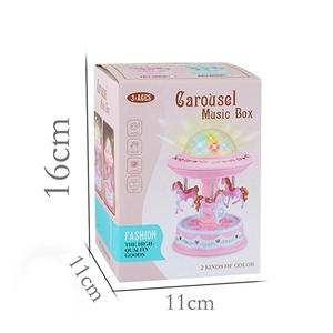 Pink carousel music box with starry sky projector function and dimension measurements
