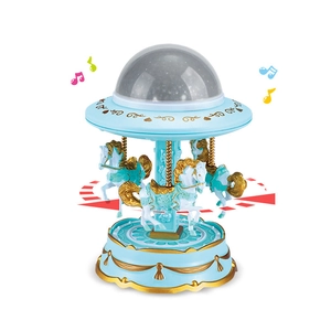 Starry sky projector carousel music box in light blue and gold with rotating horses