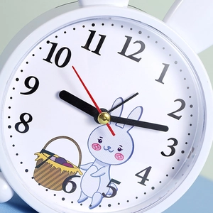 Cute white rabbit quartz alarm clock with round dial for kids bedroom decoration