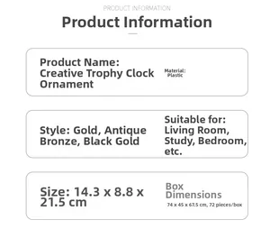 Detailed spec sheet for trophy alarm clock showing plastic material and size dimensions