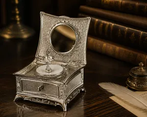 Détail de la boîte à bijoux musicale vintage avec ballerine, miroir et gravures florales