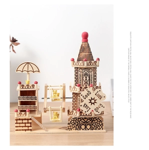 Detailed wood 3D puzzle music box with Ferris wheel and Good Luck engraving