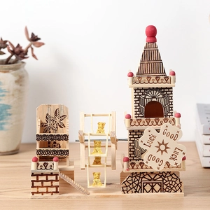 3D wooden musical box puzzle featuring a rotating Ferris wheel and a red castle windmill