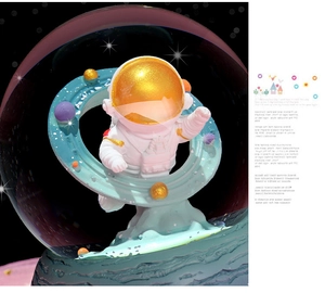 Close-up of astronaut crystal ball with Saturn ring detail and star-themed background