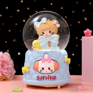 Detail of a cartoon bear music box with a rotating blue bow and a smile base
