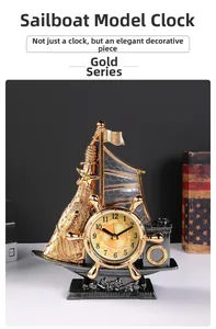 Close-up of golden sailing boat alarm clock with detailed helm dial and metal finish