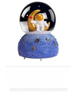 Macro detail of astronaut inside crystal ball with blue lunar textured base
