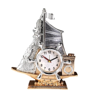 Vintage sailing boat table alarm clock with gold and silver finish for home office decor