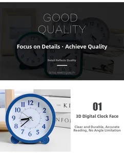 Macro detail of a round blue desk clock featuring a clear 3D numeric display dial