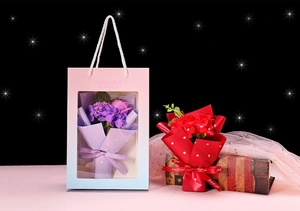 Detail of soap flower gift bag with 'Just for you' ribbon and gradient window design