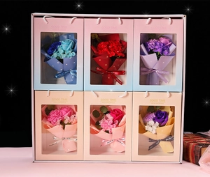 Detailed display of six soap flower gift bags in blue, red, purple, and pink colors