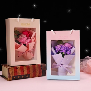 Handmade Artificial Soap Flower Bouquet Gift Bag With Rose Carnation Sunflower For Valentine Birthday Mothers Day Gift