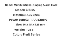 Detailed specifications table for fruit series alarm clock showing ABS material and dimensions