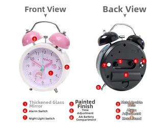 Detailed front and back views of a metal twin bell alarm clock with night light feature
