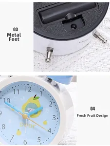 Detail view of the metal supporting feet and light blue dial with fresh pear illustration
