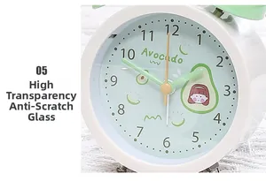 Detail view of high-transparency scratch-resistant glass on a green avocado alarm clock