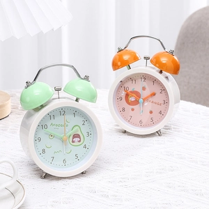Dual bell metal fruit alarm clock in avocado green and orange with cartoon dial