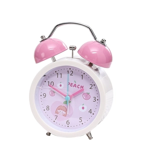 Pink and white fruit series alarm clock with double metal bells and peach cartoon dial