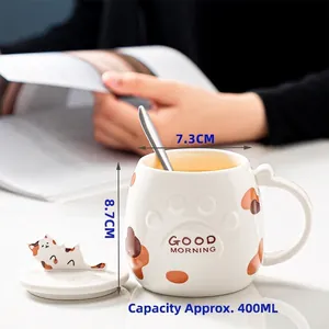 Creative white cat ceramic mug with spoon and lid, 400ml coffee cup for home office