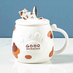 Ceramic cat mug set with 3D kitty lid, spoon, and creative phone holder design