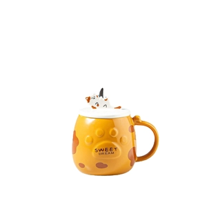 Creative orange cat ceramic mug with lid and spoon featuring Sweet Dream relief design