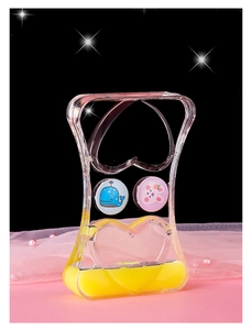 Macro detail of a heart-shaped oil liquid hourglass with cartoon whale and rabbit icons