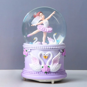 Detail of a purple musical snow globe featuring a ballerina, swans and floral relief