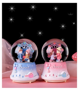 Detail of pink and blue Ferris wheel crystal balls with Sweet embossed base