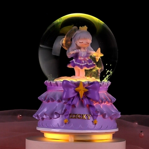 Boîte à musique boule de cristal fille cartoon avec lumières et socle violet
