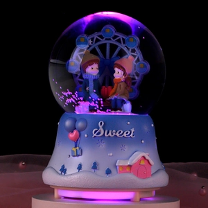 Ferris wheel couple crystal ball music box with LED glowing light for romantic gifts