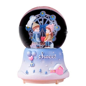 Ferris wheel crystal ball music box with winter couple figures and Sweet lettering