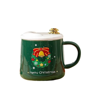 Mug de Noël en céramique verte avec couvercle blanc et sapin doré décoratif