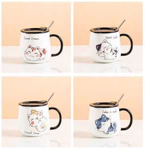Detailed set of four ceramic cat mugs with black lids, spoons, and cute illustrations