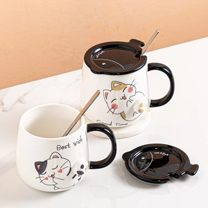 Cute cartoon cat ceramic mug set with lid and spoon for breakfast milk or holiday gift