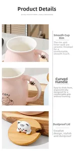 Detail view of pink cat ceramic mug with bamboo lid and cute paw shaped handle