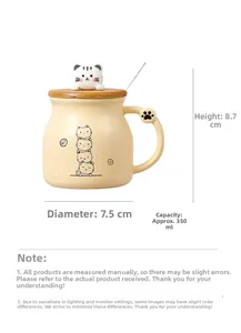 Detailed size chart of a 350ml ceramic cat mug with wooden lid and cat figurine