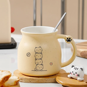 Ceramic cartoon cat mug set with wooden lid and metal spoon for breakfast use
