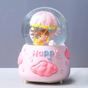 Detail of a pink Ferris wheel snow globe base with Happy text and cloud ornaments
